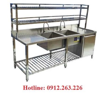 Bàn chậu 2 ngăn có hộc tủ và kệ inox